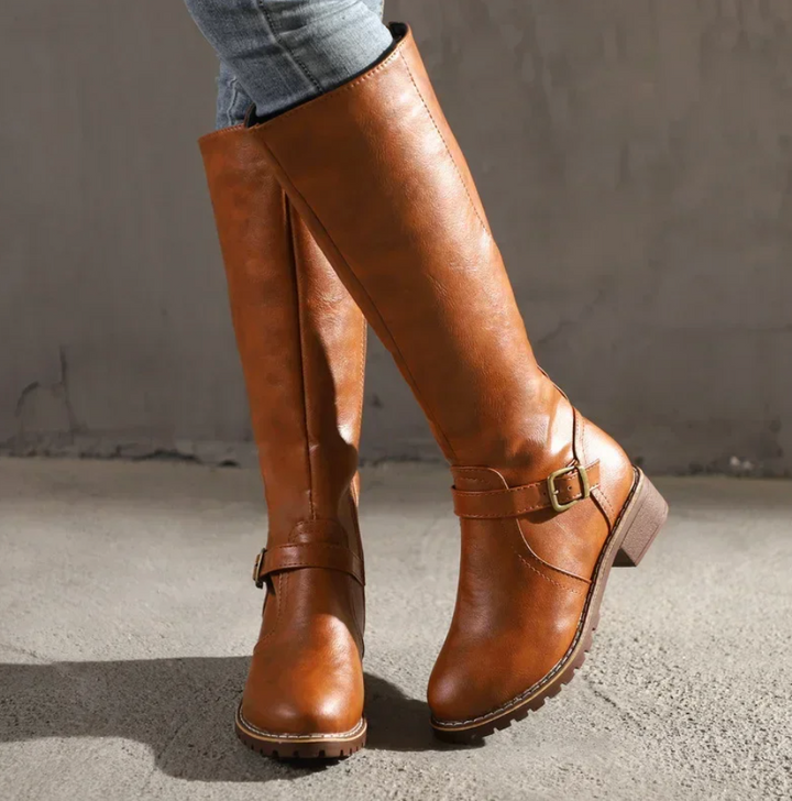 Knee-High Buckle Strap Riding Boot - Sheryl