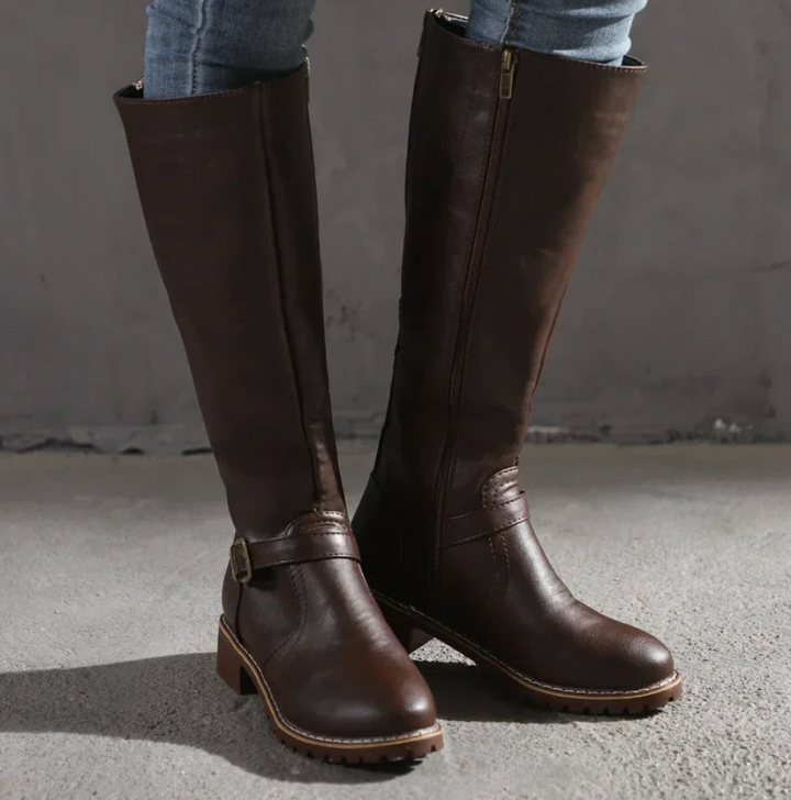 Knee-High Buckle Strap Riding Boot - Sheryl