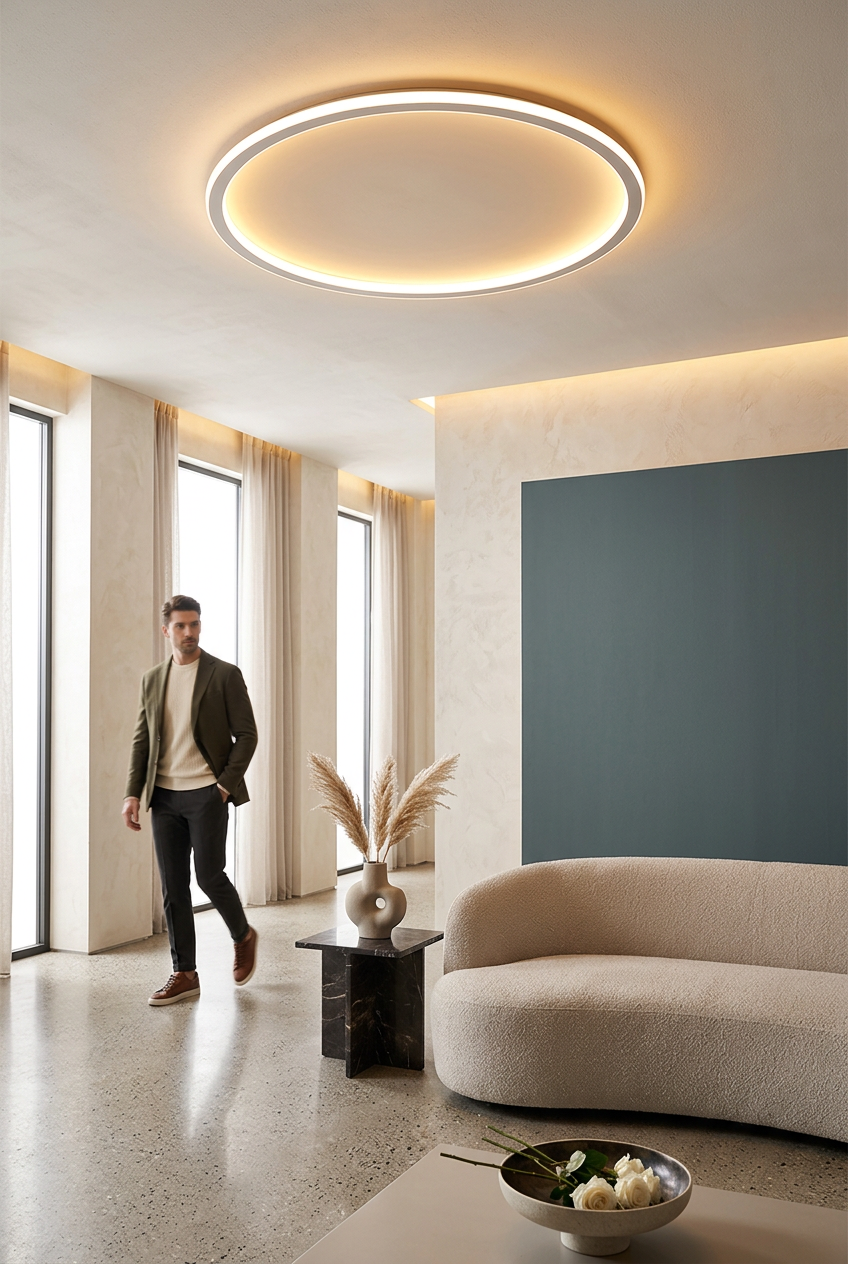 Ronde witte plafondlamp met warm licht in een ruime woonkamer, een man loopt voorbij 1