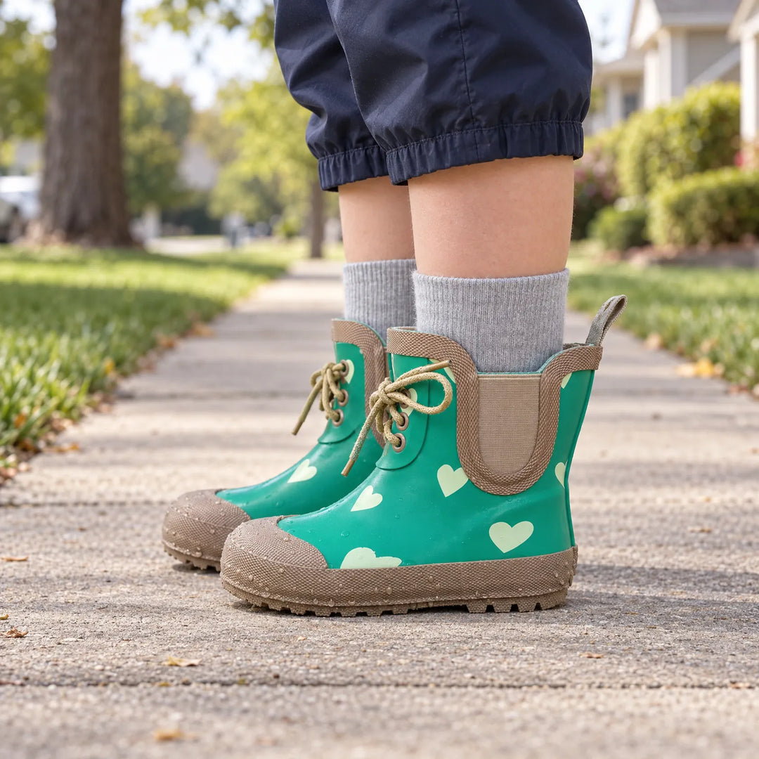 Kind in marineblauwe broek en grijze sokken draagt groene laarzen met hartjes en veters, staand op een stoep met bomen. 1