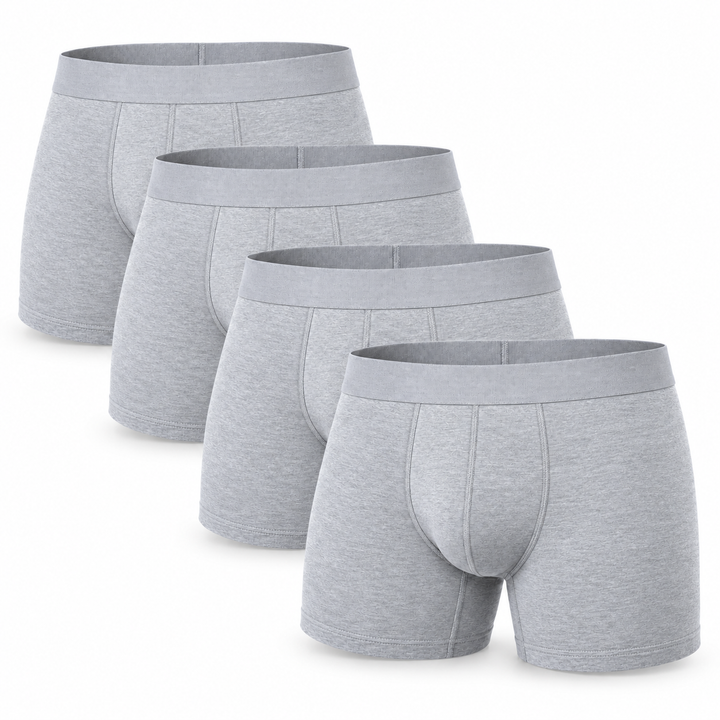 Set van vier lichtgrijze boxershorts, gestapeld en iets verschoven, met gemêleerde stof en brede tailleband. 6