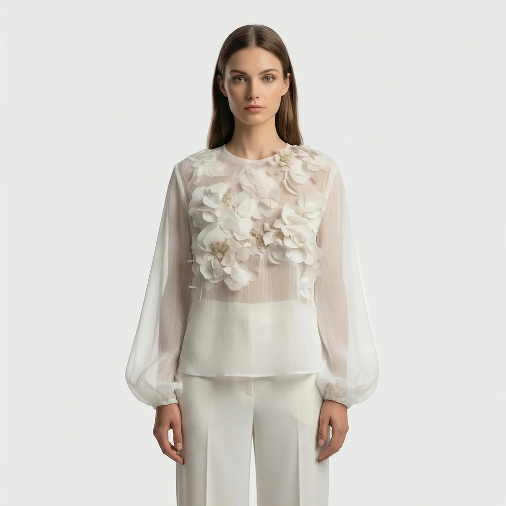 Lichte Blouse Met Driedimensionale Bloemapplicaties - Patricia