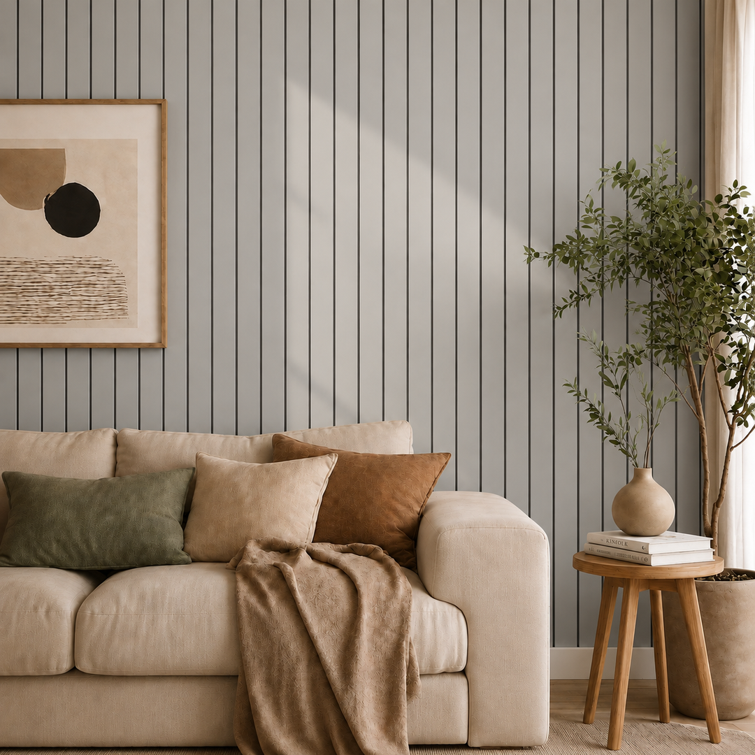 Woonkamerhoek met beige bank, schilderij en plant voor een wand met grijze latten 15