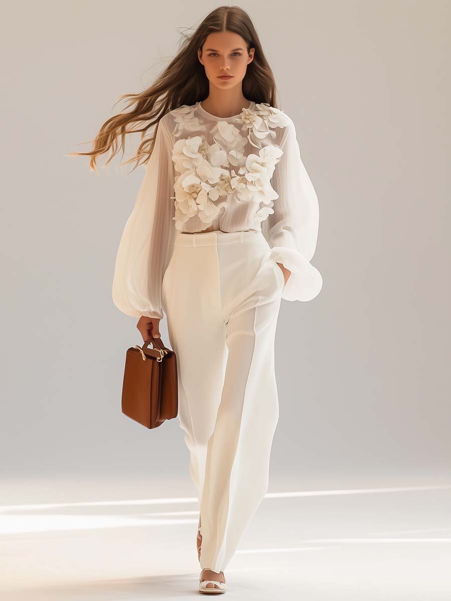 Lightweight Blouse With Three-Dimensional Floral Appliqués - Caroline