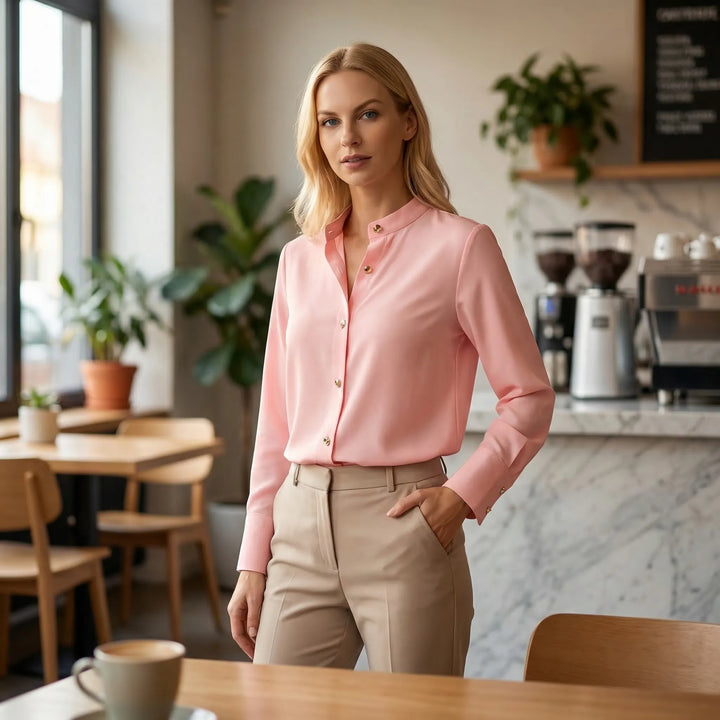 Long-Sleeve Blouse With Oversized Buttons - Rose