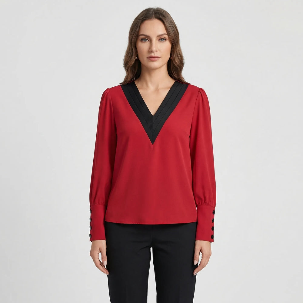 Long-Sleeve V-Neck Contrast Blouse - Genevieve