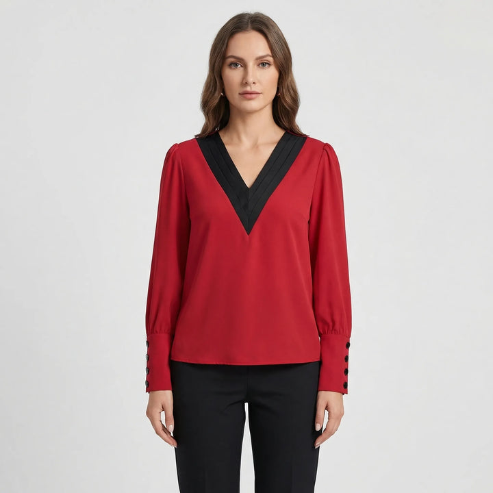 Long-Sleeve V-Neck Contrast Blouse - Genevieve