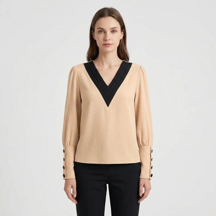 Long-Sleeve V-Neck Contrast Blouse - Genevieve