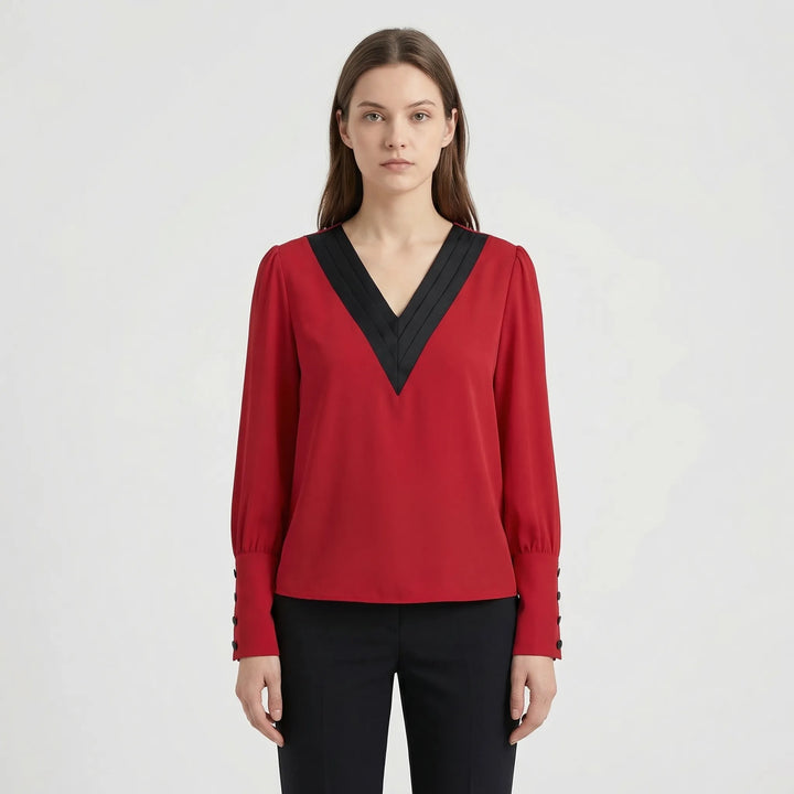 Long-Sleeve V-Neck Contrast Blouse - Genevieve