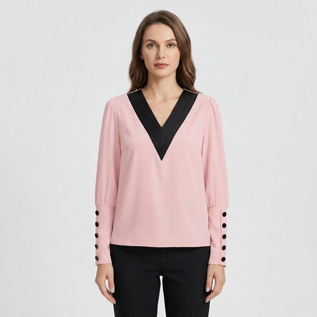 Long-Sleeve V-Neck Contrast Blouse - Genevieve