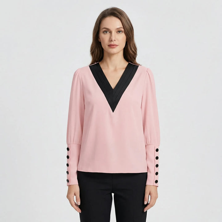 Long-Sleeve V-Neck Contrast Blouse - Genevieve