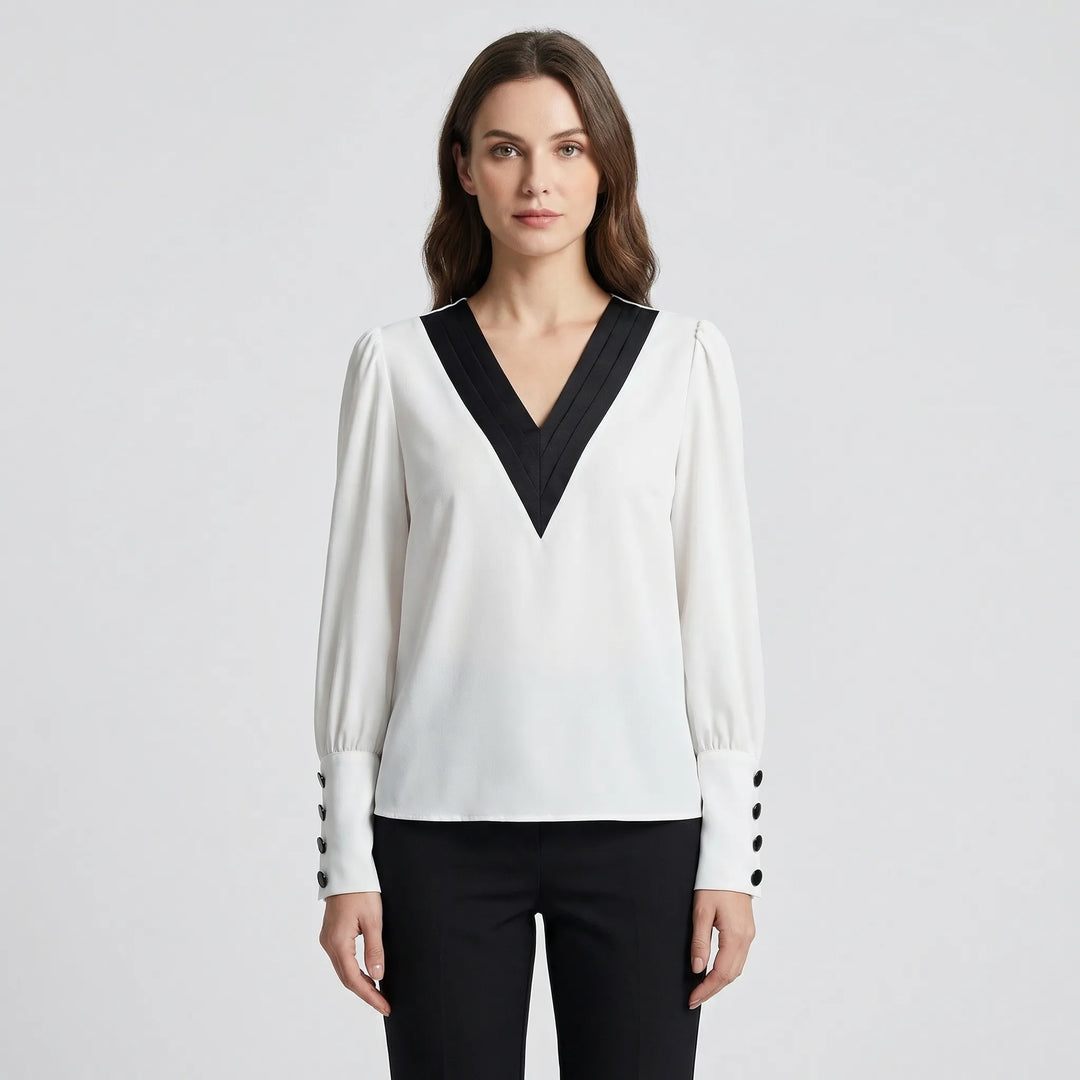 Long-Sleeve V-Neck Contrast Blouse - Genevieve