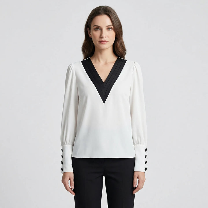 Long-Sleeve V-Neck Contrast Blouse - Genevieve