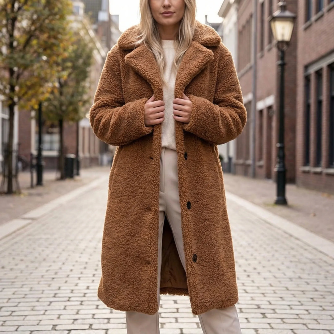 Long Fluffy Button-Front Winter Coat - Carla