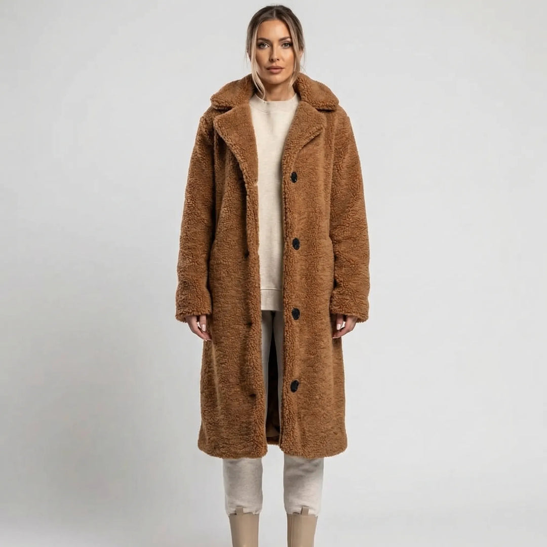 Long Fluffy Button-Front Winter Coat - Carla