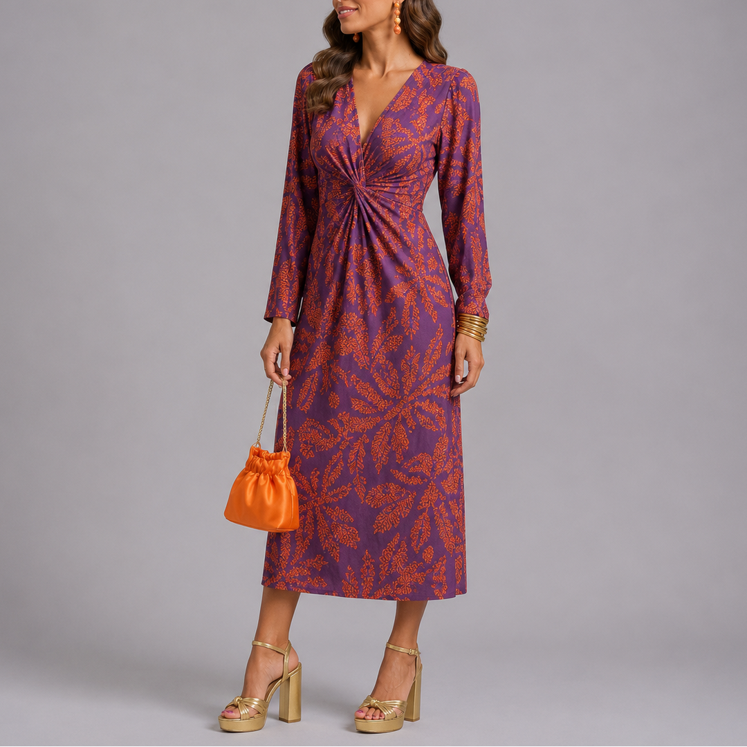 Long Sleeve Floral Midi Dress - Heather