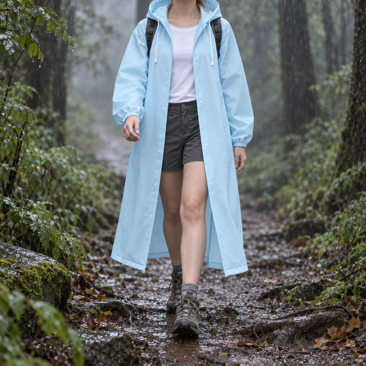 Vrouw wandelt in lichtblauwe lange regenjas met capuchon door een natte, mistige bosweg tijdens regen, met rugzak en wandelschoenen. 1