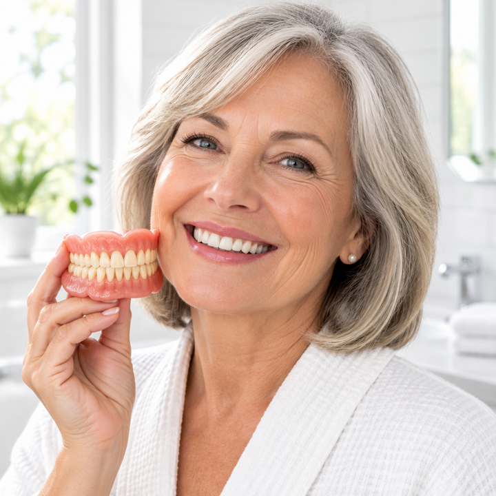 Heat-moldable denture set without adhesive