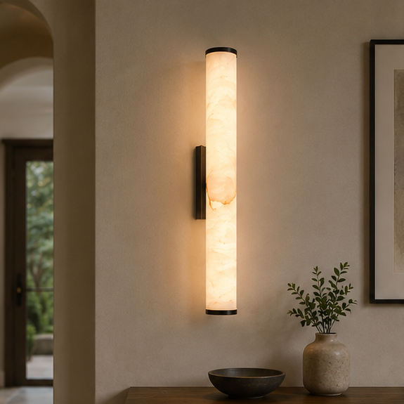 Verlichte marmeren wandlamp met zwarte uiteinden in een hal, boven een houten tafel met schaal en vaas met takjes. 11