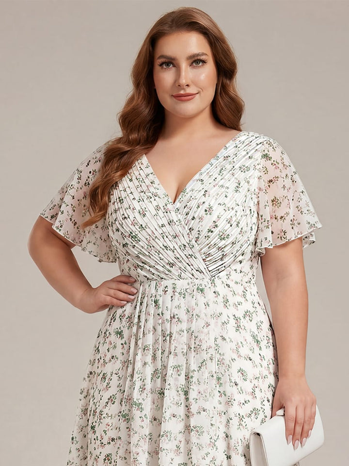 Chiffon jurk voor een bruiloftsgast met een asymmetrische zoom, V-hals en korte mouwen 173