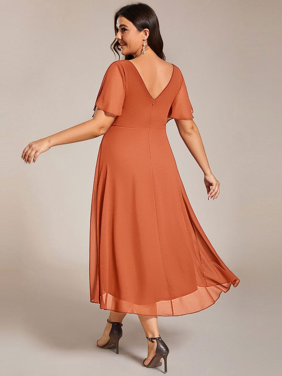 Chiffon jurk voor een bruiloftsgast met een asymmetrische zoom, V-hals en korte mouwen 166