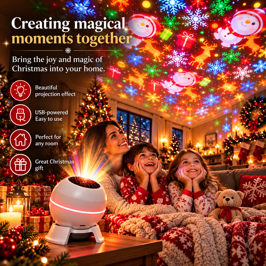 Moeder en twee kinderen in kerstpyjama liggen op de bank en kijken naar de feestmotieven die de projector op het plafond toont. 2