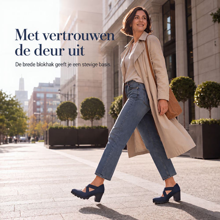 Vrouw in beige trenchcoat en jeans loopt zelfverzekerd door de stad op blauwe pumps met blokhak. 3