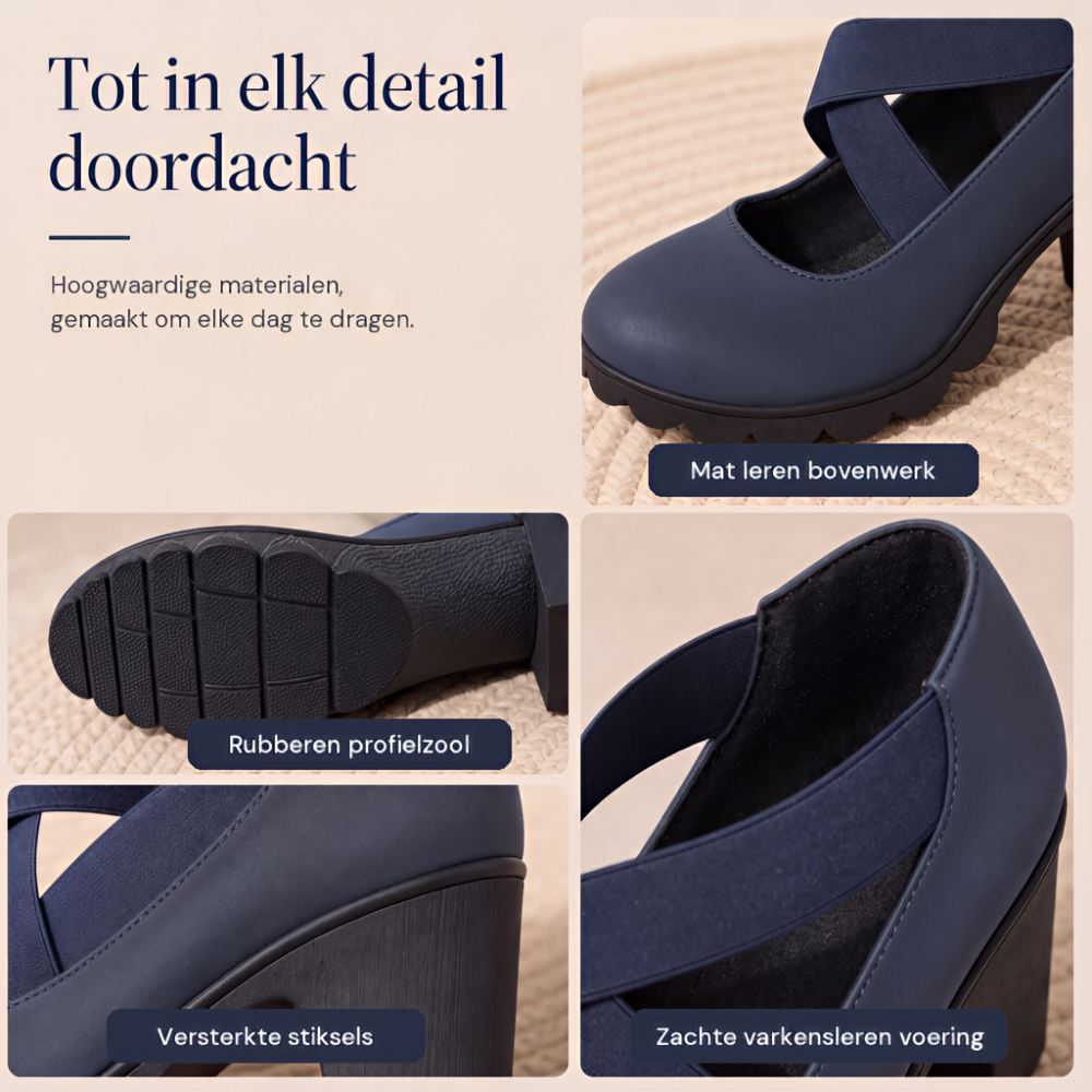 Collage van details van de blauwe schoen: bovenwerk, profielzool, hak en voering, elk met een bijschrift. 5