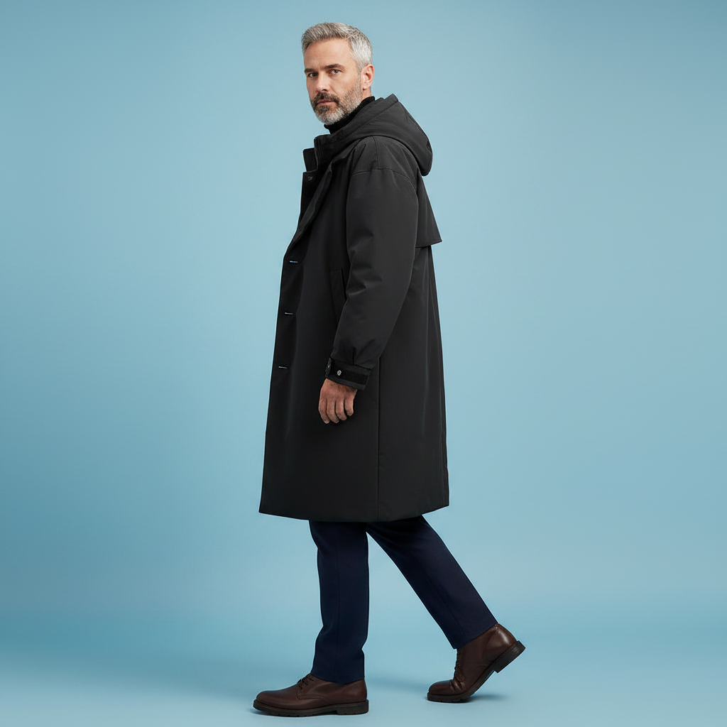 Zijaanzicht van een wandelend model in zwarte lange jas met capuchon, met donkere broek en bruine veterschoenen op blauwe achtergrond. 6