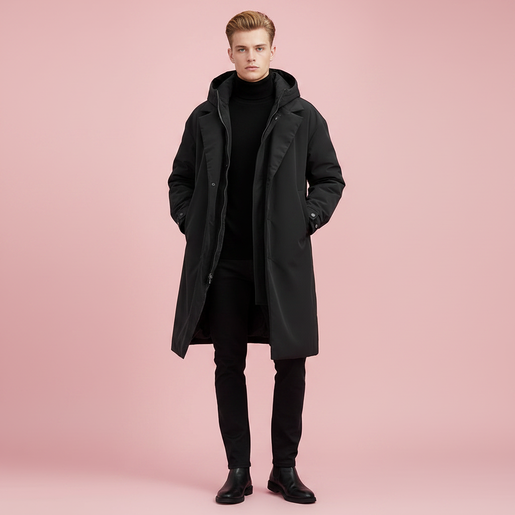 Model in zwarte lange jas met capuchon over zwarte coltrui en broek, handen in de zakken, staand op roze achtergrond. 3