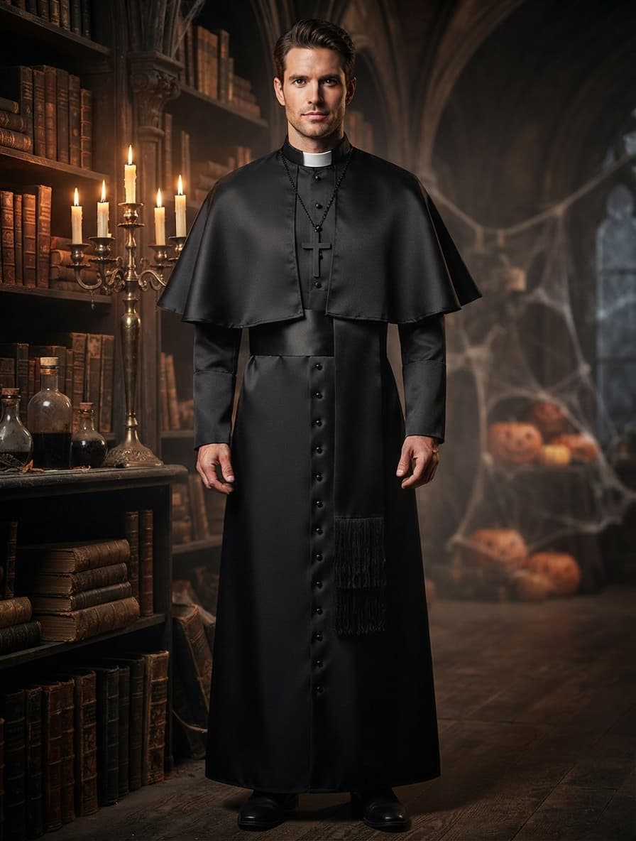 Model draagt het zwarte priesterkostuum met cape en kruisketting in een sfeervolle bibliotheek met kaarsen en pompoenen 1