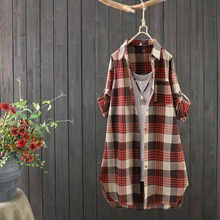 Checked Long Women's Blouse with a Smooth Fit – Rowen