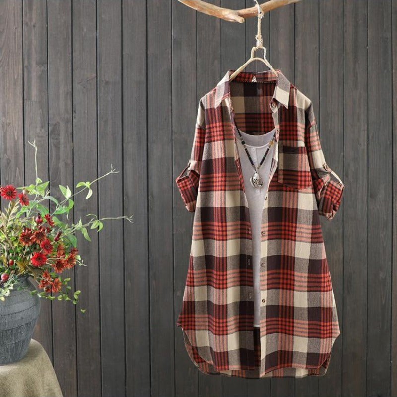 Checked Long Women's Blouse with a Smooth Fit – Rowen