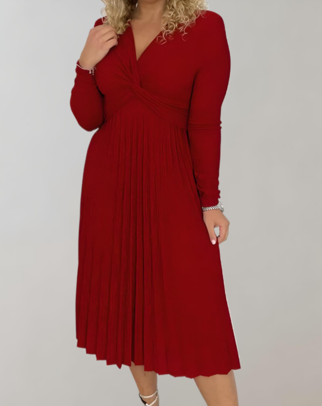 Red Midi Dress with High Waist - Selena