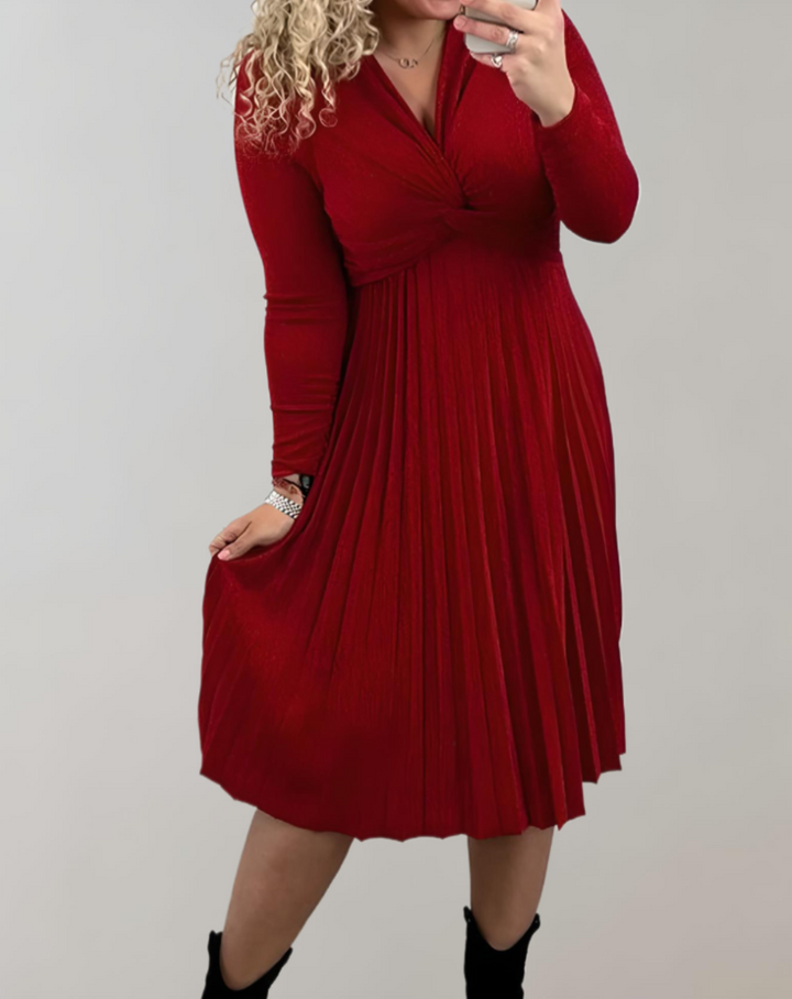 Red Midi Dress with High Waist - Selena