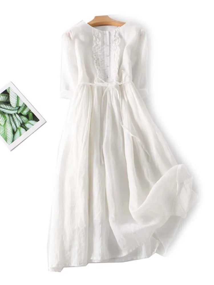 Light Linen Dress with Pleated Detail - Sofia