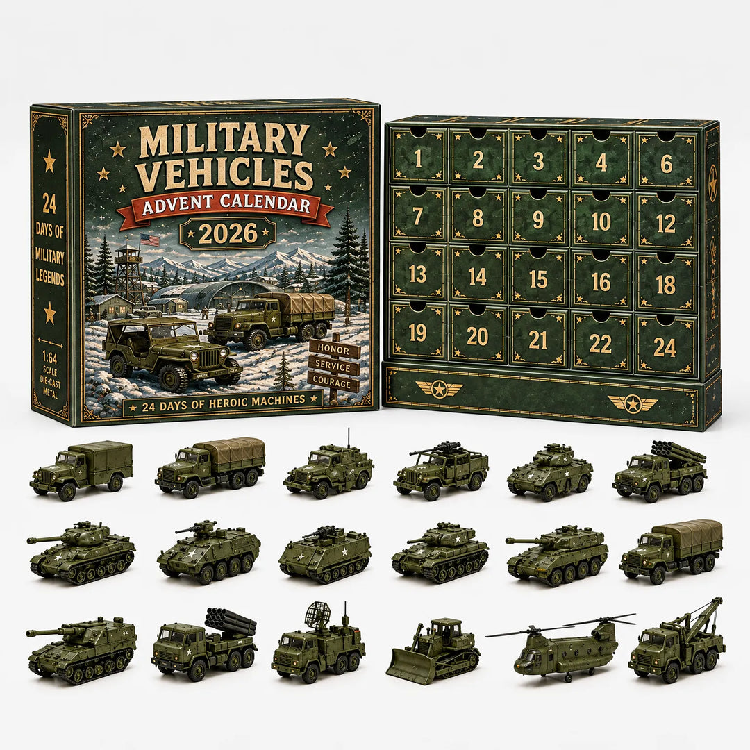 Groene adventskalender met gouden cijfers op de laatjes en daaronder legervoertuigen zoals tanks, vrachtwagens, een jeep en een helikopter. 5