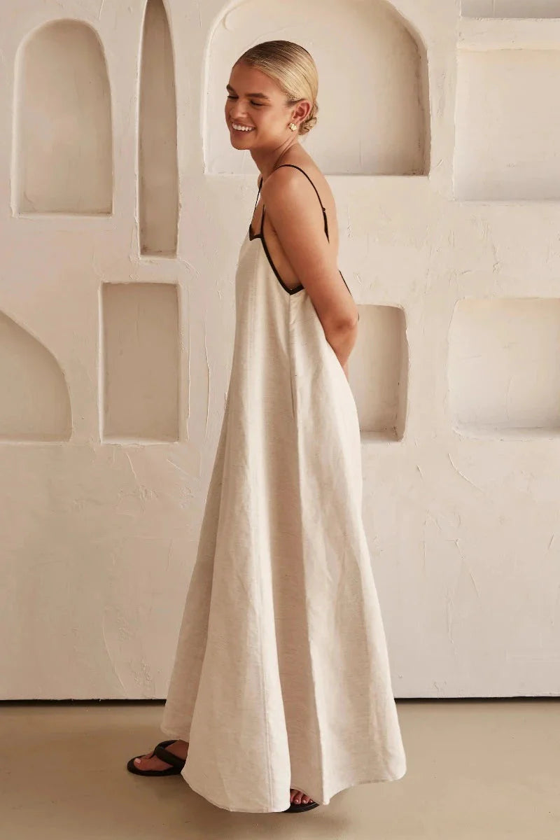 Sleeveless Beige Boho Maxi Dress in Linen Look – Elin