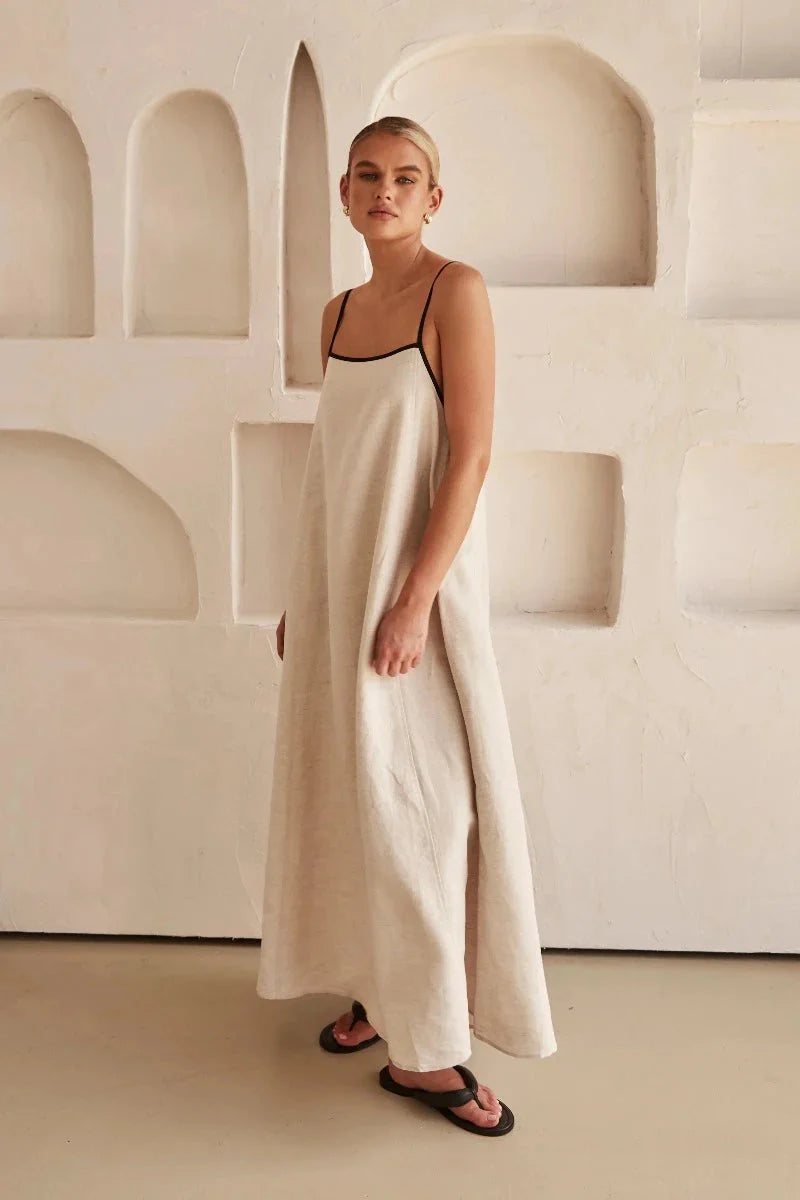Sleeveless Beige Boho Maxi Dress in Linen Look – Elin