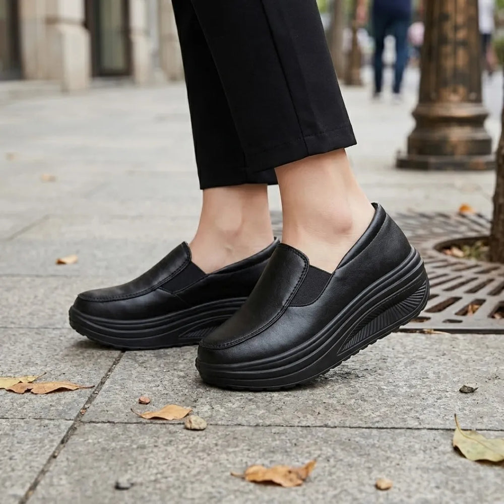 Model draagt zwarte instapschoenen met brede zool op een stoep met herfstbladeren 2