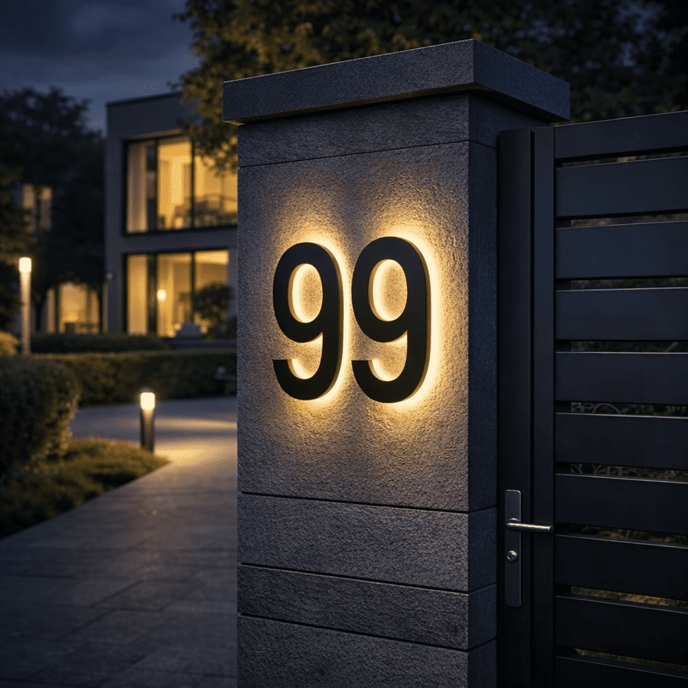 Zwart dubbel huisnummer 99 met warm gloeiend achtergrondlicht op een stenen pilaar bij de poort, gefotografeerd in de avondschemering. 2