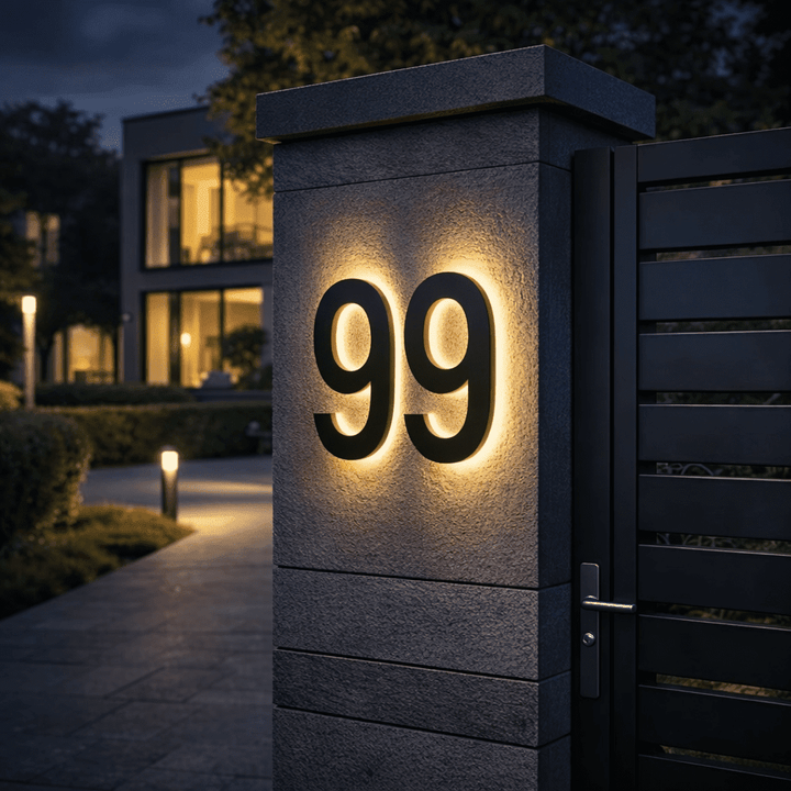 Zwart dubbel huisnummer 99 met warm gloeiend achtergrondlicht op een stenen pilaar bij de poort, gefotografeerd in de avondschemering. 2