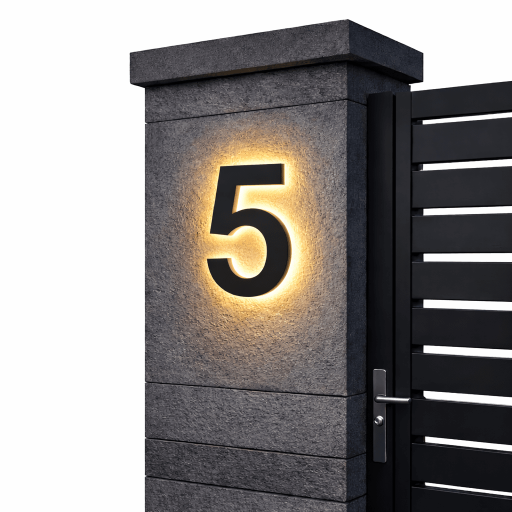 Zwart huisnummer 5 met warm achtergrondlicht op een grijze stenen poortpilaar met de zwarte poort ernaast. 8
