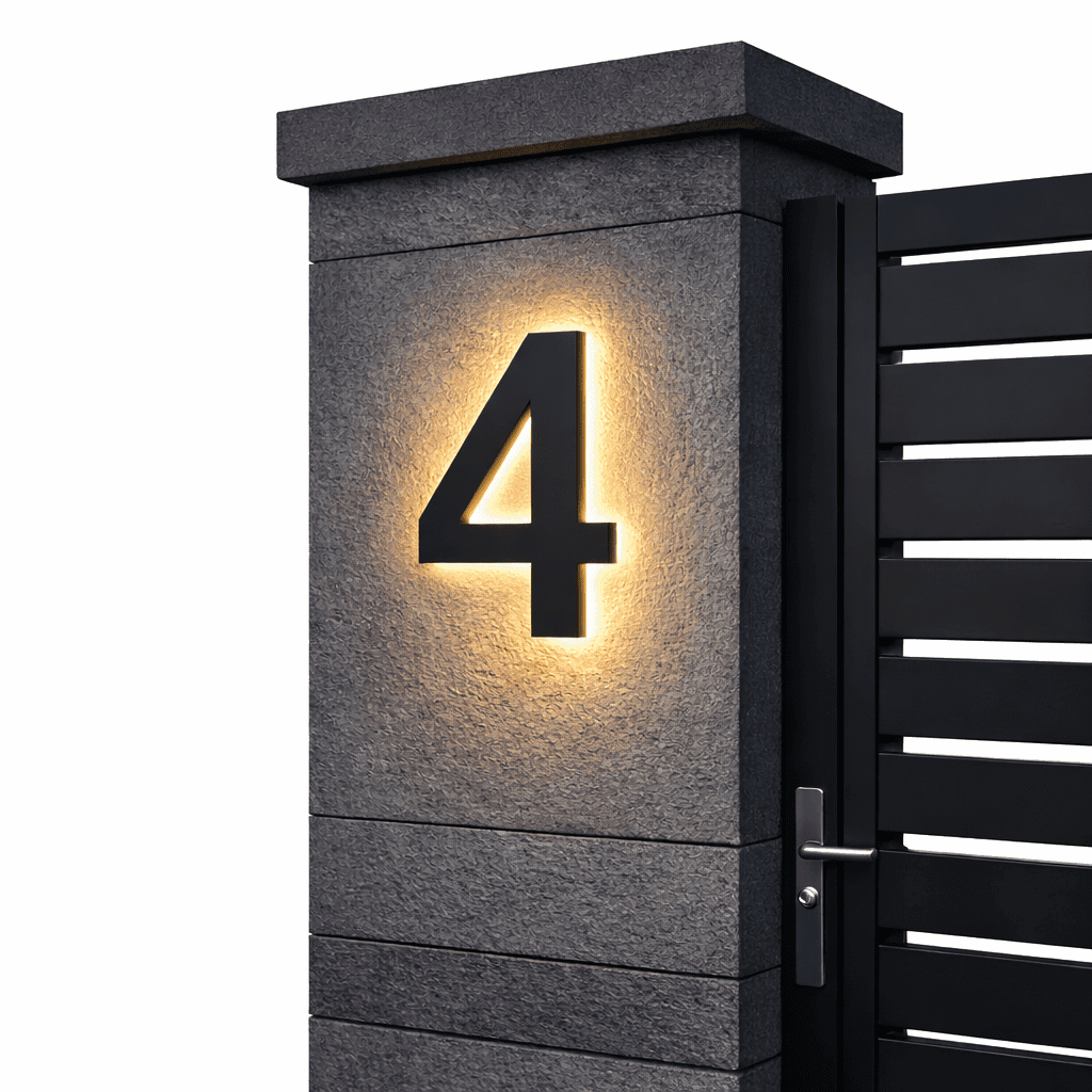 Zwart huisnummer 4 met warme achtergrondverlichting op een grijze stenen poortpilaar naast een zwarte poort met deurkruk. 10