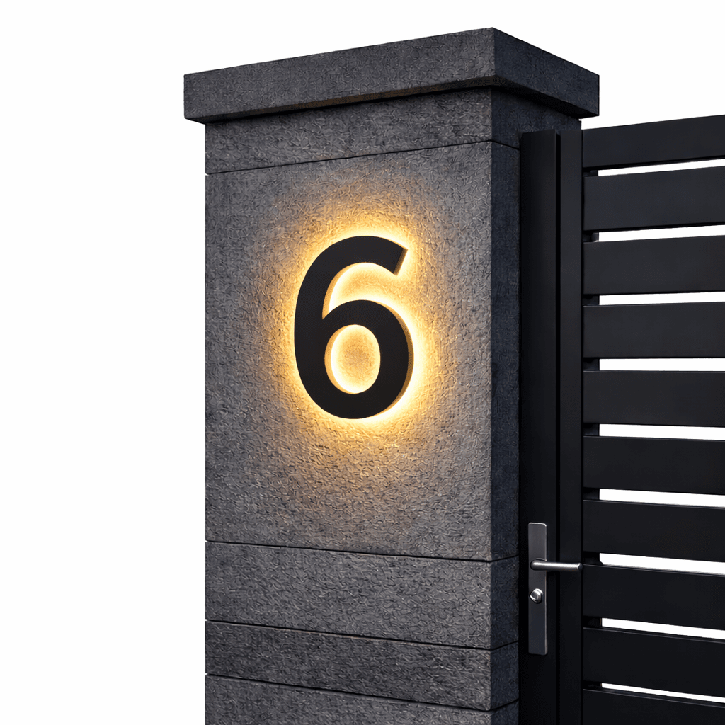 Zwart huisnummer 6 met warm achtergrondlicht op een grijze stenen poortpilaar, rechts de zwarte poort met kruk. 12