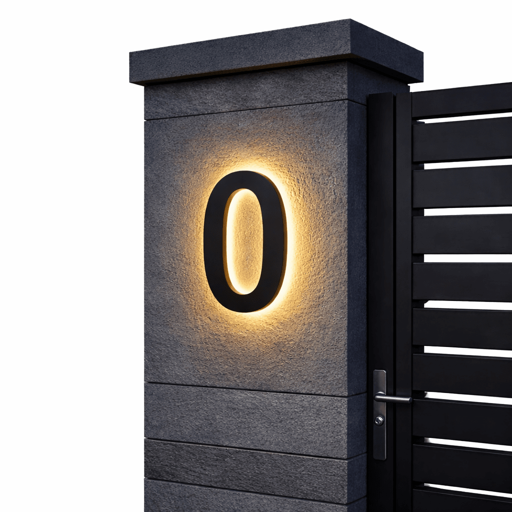 Zwart huisnummer 0 met warm achtergrondlicht op een grijze stenen poortpilaar naast een zwarte lamellenpoort. 6