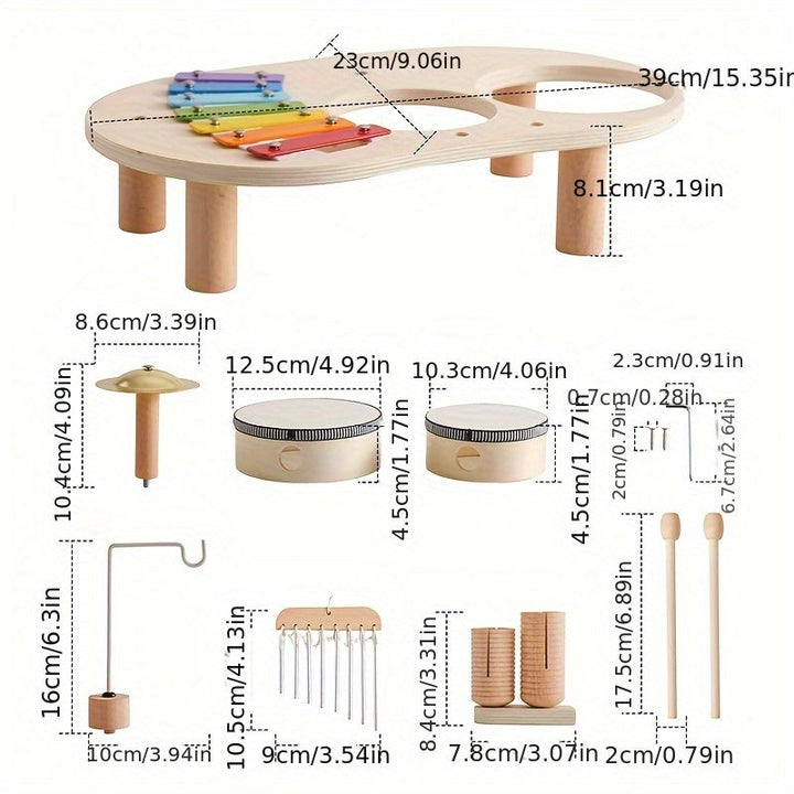 Overzicht van alle losse onderdelen van de muziektafel, met afmetingen in centimeters en inches getoond bij elk onderdeel. 3