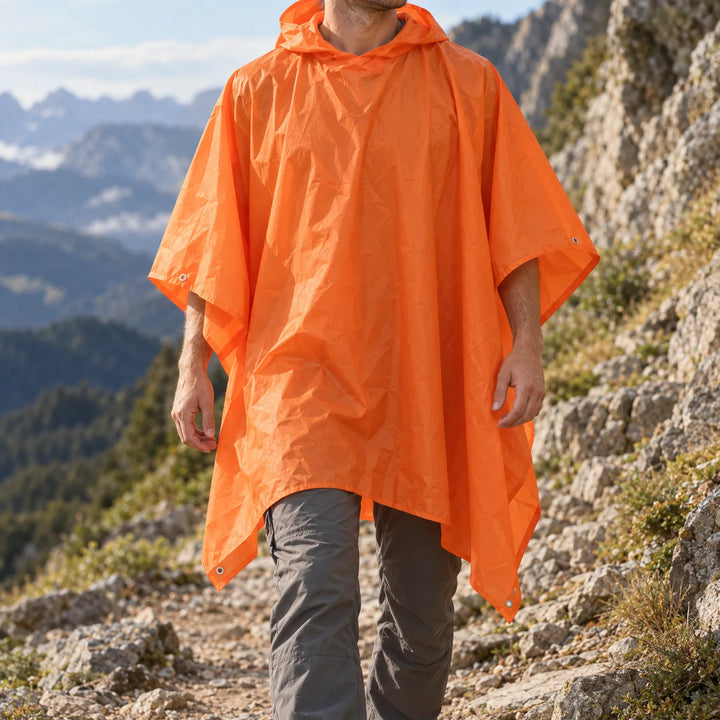 Wandelaar in oranje poncho met capuchon loopt over een rotsachtig bergpad met uitzicht op bergketens en bewolkte lucht. 1