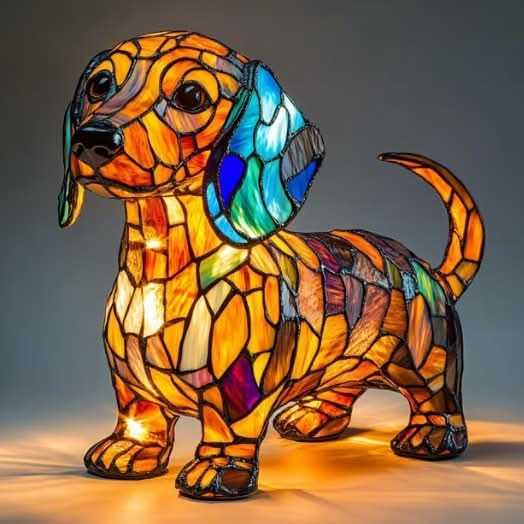 Staande teckel als lamp met oranje mozaïeklijf en blauwe oren, opgelicht tegen een donkere achtergrond met gloed op de grond. 11