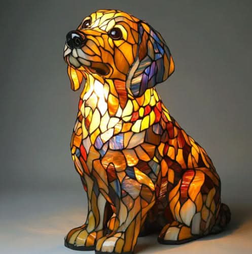 Zittende hond met opgeheven kop als lamp van oranje en gele glasstukjes, met donkere neus en warme gloed. 14
